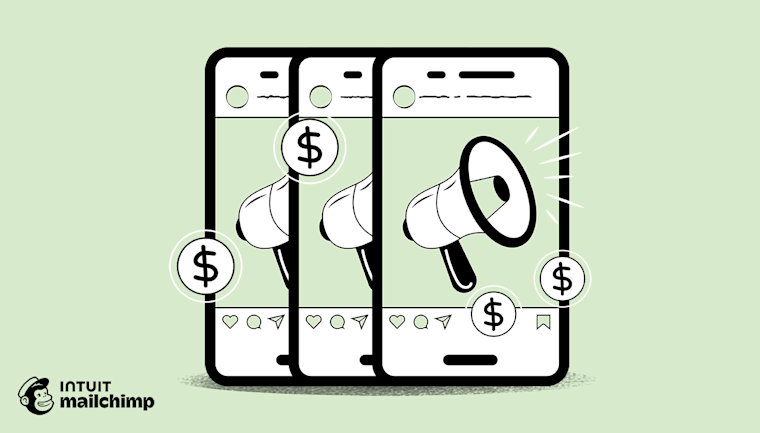 Minimalist illustration showing dollar signs falling into social media-style engagement boxes, with Mailchimp and Intuit logos below
