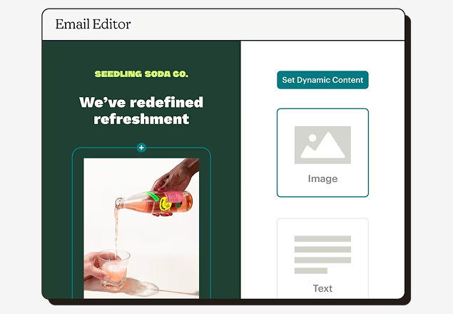 Email editor interface showing a soda company campaign with a dark green background and image of beverage being poured into glass