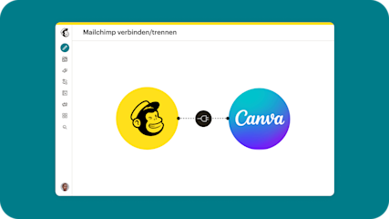 Mailchimp-Oberfläche, die ein Mailchimp-Logo auf einem gelben Kreis zeigt, der durch ein Steckersymbol mit einem Canva-Logo verbunden ist.