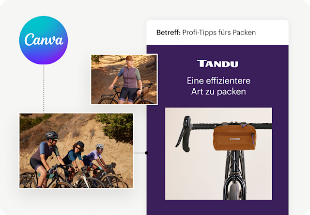 E-Mail-Mockup mit Radfahrern und einer Aufbewahrungstasche an einem Fahrradlenker mit einem Canva-Logo.