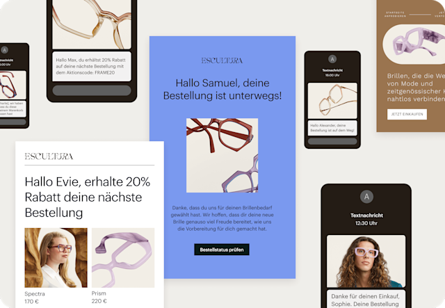 Bild verschiedener abstrakter E-Mail- und SMS-Schnittstellen der fiktiven Marke Escultura. Die Visualisierung zeigt, wie Unternehmen mit KI-generierten Automatisierungen und vollständig erstellten E-Mails neue Kontakte begrüßen und abgebrochene Warenkörbe zurückgewinnen können.