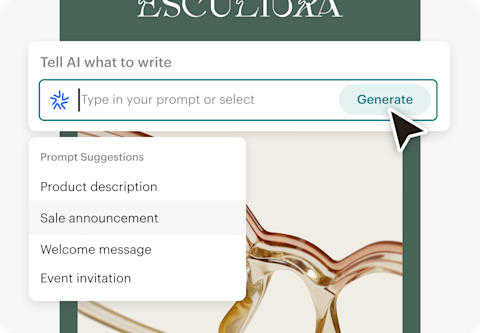 Image of an abstract view of an email interface, where the headline is being actively edited using Mailchimp's generative AI builder feature. The AI suggests creative and engaging headlines and also offers prompt suggestions such as a sales announcement.