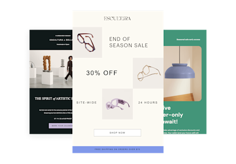 Image of a carousel showing various email template options from Mailchimp's Email Template Library. Users can select from a range of professionally designed templates tailored for different types of email campaigns and business needs.