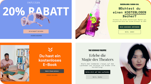 Vier imaginäre Beispiele für Popup-Formulare, die mehrere Vorlagen, Fotos und Farbvorlagen für vier fiktive Marken zeigen. Die Popup-Formulare bieten Rabatte von 10 % bis 20 % im Austausch für E-Mail-Anmeldungen.