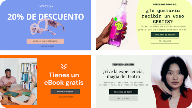 Cuatro ejemplos imaginarios de formularios emergentes, que muestran múltiples plantillas, fotografías y esquemas de color para cuatro marcas ficticias. Los formularios emergentes ofrecen descuentos del 10-20 % a cambio de la suscripción al correo electrónico.