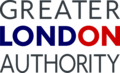 Greater London Authority logo in dark gray text with London spelled in navy blue and red colors
