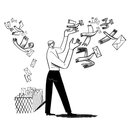 Artistic illustration of a human receiving letters from birds and sending out letters via birds