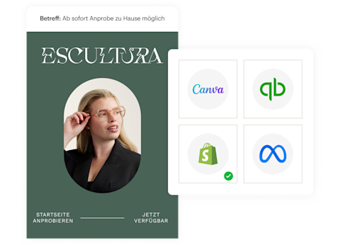 Person mit Brille mit orangefarbenem Rahmen vor rosa Hintergrund, mit dem Text „Elementary Eyewear“ und Logos für Woo, Magento, BigCommerce und Vimeo.