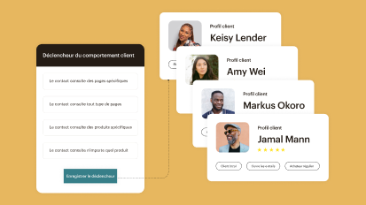 Un déclencheur de comportement client comprenant 4 options. Quatre profils de clients différents situés à leur droite.