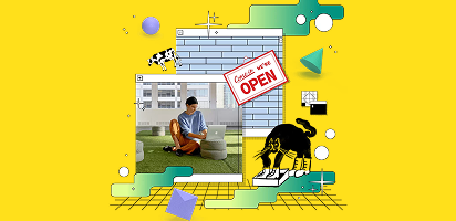 Colorful illustration showing business growth stages with icons for startup, development, and success on bright yellow background