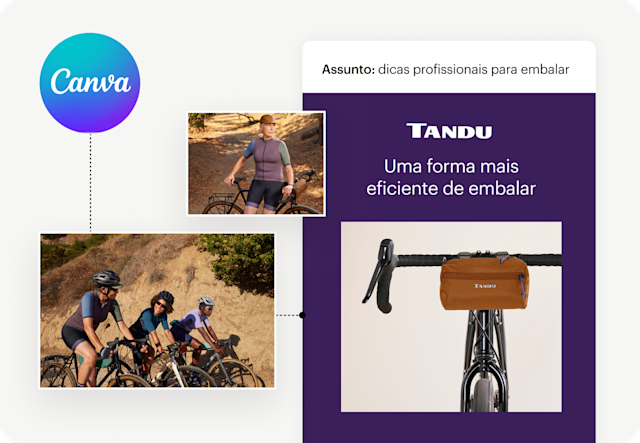 Modelo de e-mail com ciclistas e uma bolsa de armazenamento no guidão da bicicleta com um logotipo do Canva.