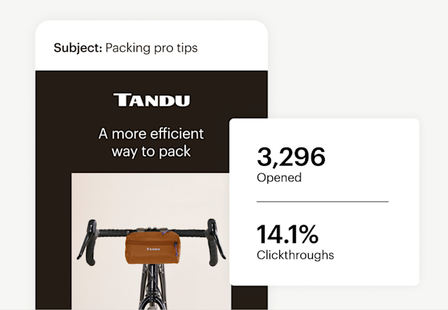 An example marketing email shown next to open and clickthrough stats from Mailchimp.