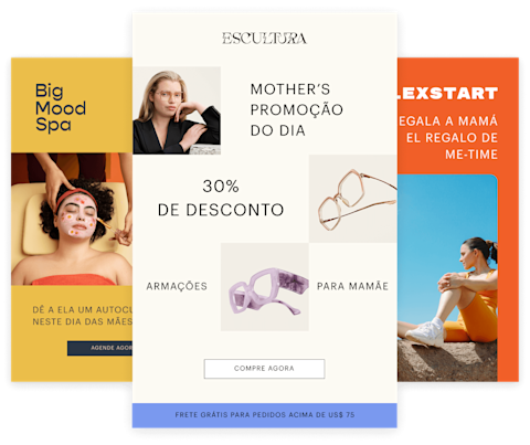 Uma colagem de imagens para divulgação, mostrando óculos, plantas e conteúdo fitness com sobreposições de texto para inscrição por SMS e ofertas