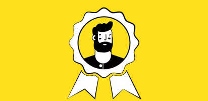 Illustration of a bearded man's profile in a white badge or award ribbon shape against a bright yellow background