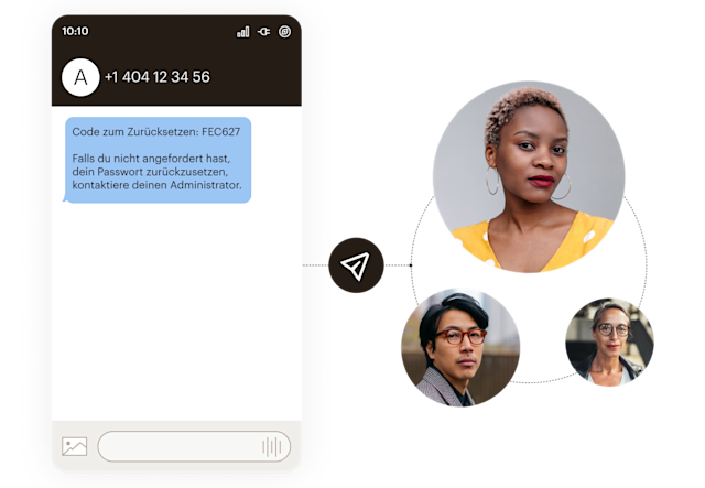 Mobile Schnittstelle mit Passwort-Reset-Code FEC627 und Profilfotos, die durch gepunktete Linien in einem kreisförmigen Muster verbunden sind