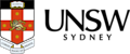 UNSW Sydney logo with university shield featuring red cross, gold stars, and lion on white background, with Latin motto below